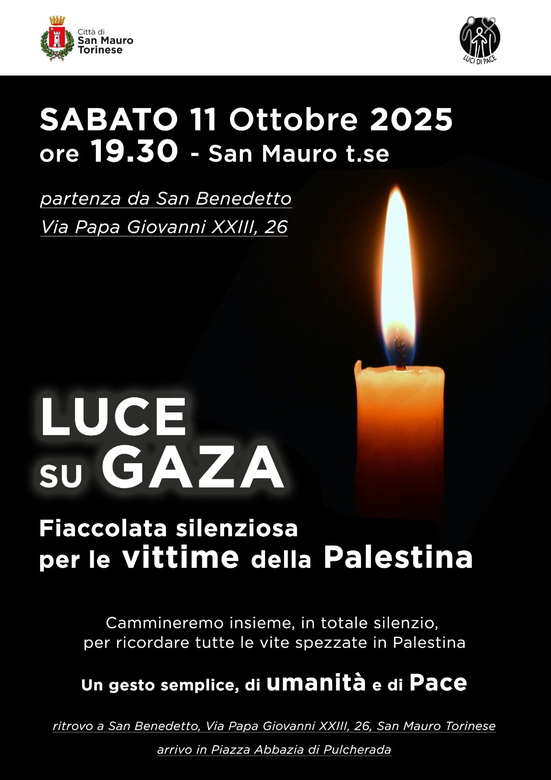 Locandina Luce su Gaza: una candela accesa brilla su fondo completamente nero con i testi informativi sull'evento
