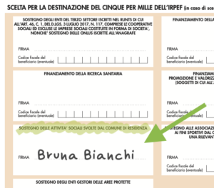 Porzione di modello 730 della dichiarazione dei redditi con evidenziata firma su scelta 5x1000 al Comune