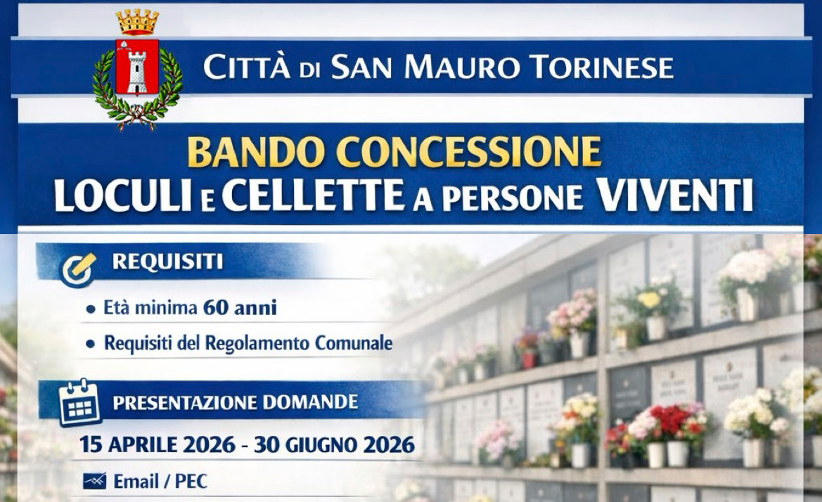 Immagine di un corridoio di un cimitero con loculi infiorati e testi delle modalità del bando per l'acquisto di loculi e cellette