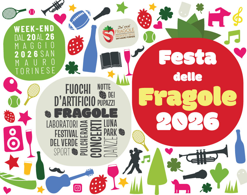 una colorata e fitta serie di icone colorate, una gigantesca fragola rossa e due elementi colorati che fanno da sfondo ai testi con i principali appuntamenti della Festa delle Fragole 2026