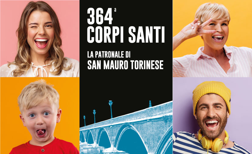 4 persone di diverso genere ed età in espressione festosa su sfondi colorati con al centro il ponte vecchio su sfondo nero e la scritta 364a CORPI SANTI la Patronale di San Mauro
